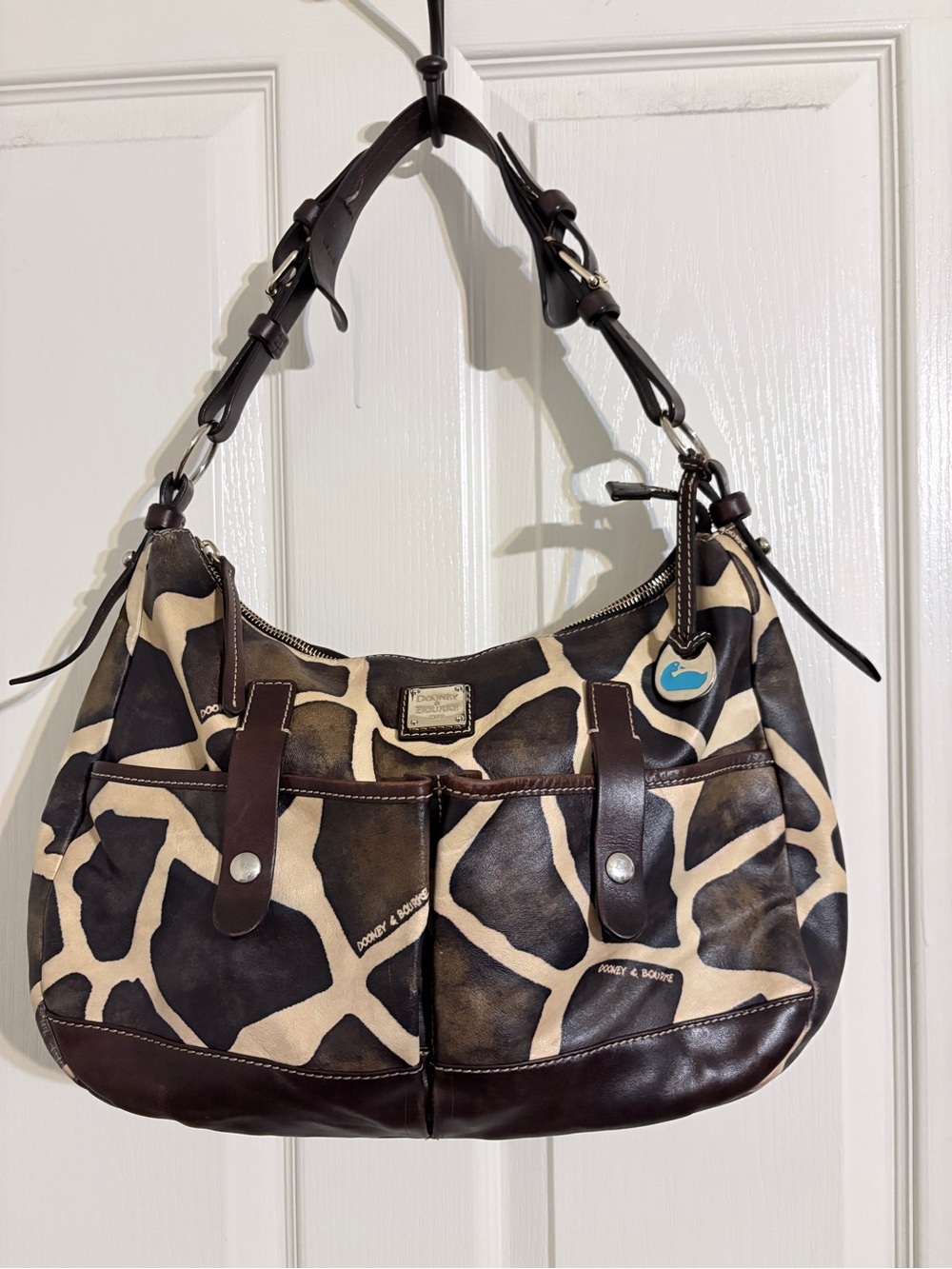 Dooney & Bourke Brown and Cream Giraffe-Print Shoulder Bag with Leather Trim
